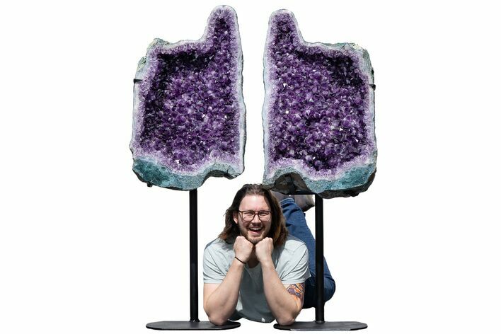 Deep-Purple Thumbs Up Amethyst Geode Pair on Metal Stands #214800